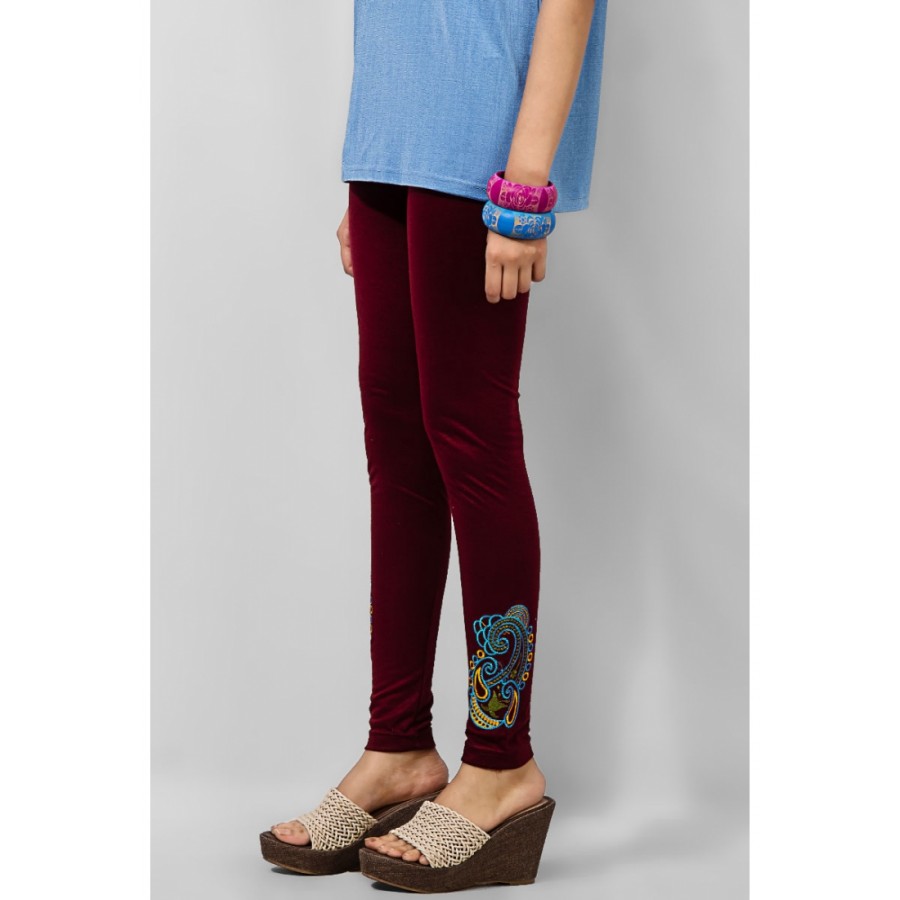 Women's Maroon Viscose Embroidered Tights. MVC-19